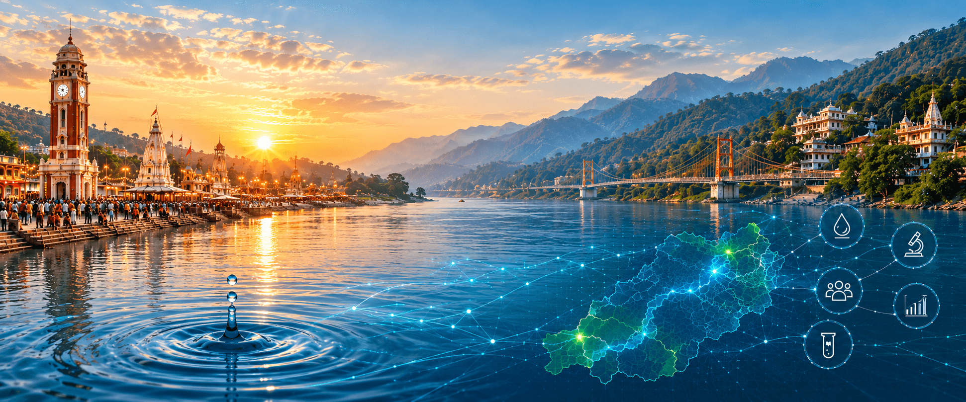 The Ganga at Haridwar, overlaid with a water-quality intelligence network